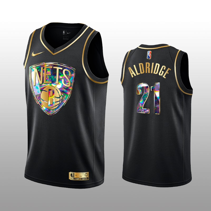 Men's Brooklyn Nets #21 LaMarcus Aldridge 2021/22 Black Golden Edition 75th Anniversary Diamond Logo Stitched Basketball Jersey Men's Brooklyn Nets #21 LaMarcus Aldridge 2021/22 Black Golden Edition 75th Anniversary Diamond Logo Stitched Basketball Jersey